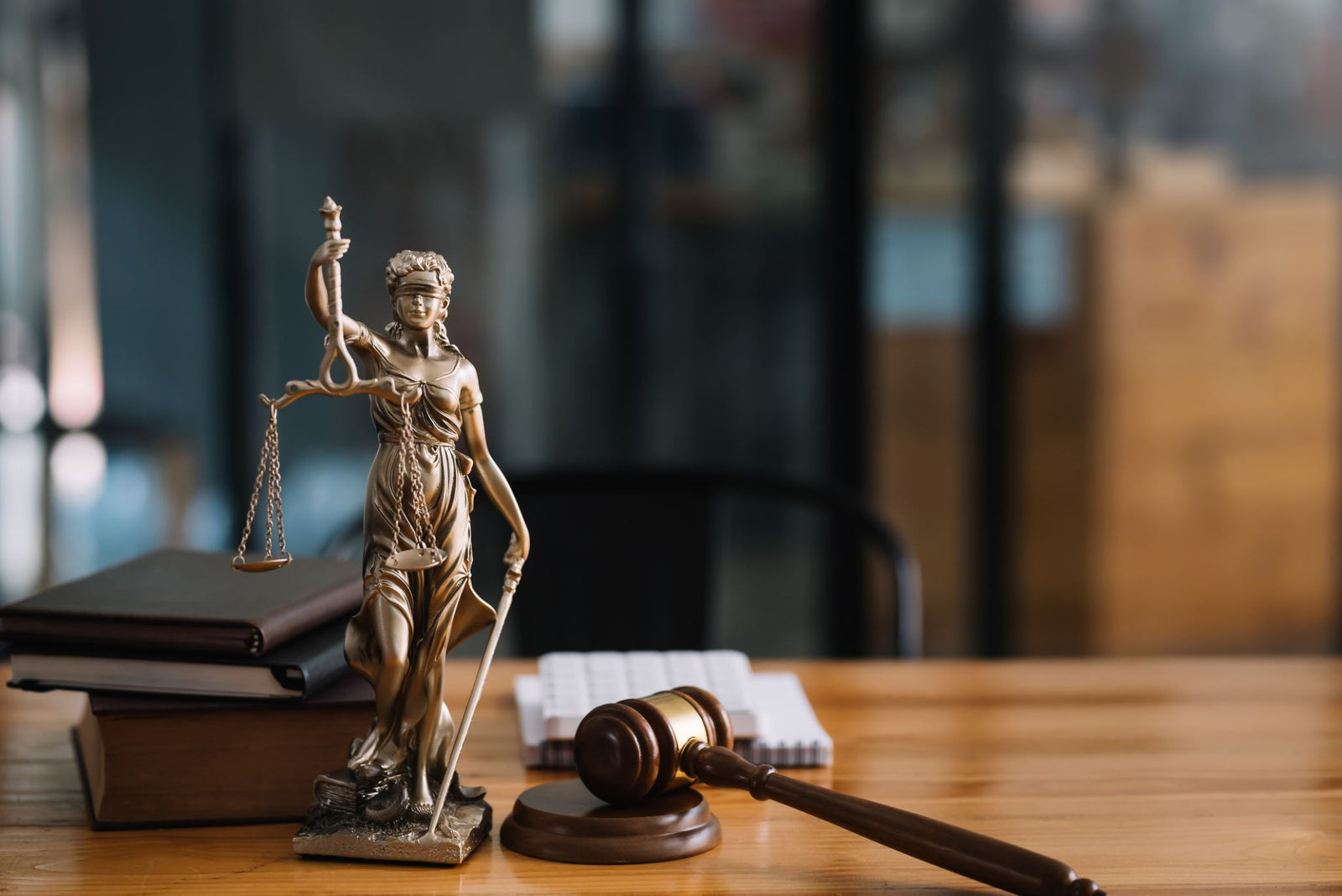 Bronze Lady Justice statue standing beside a wooden judicial gavel on an office desk.